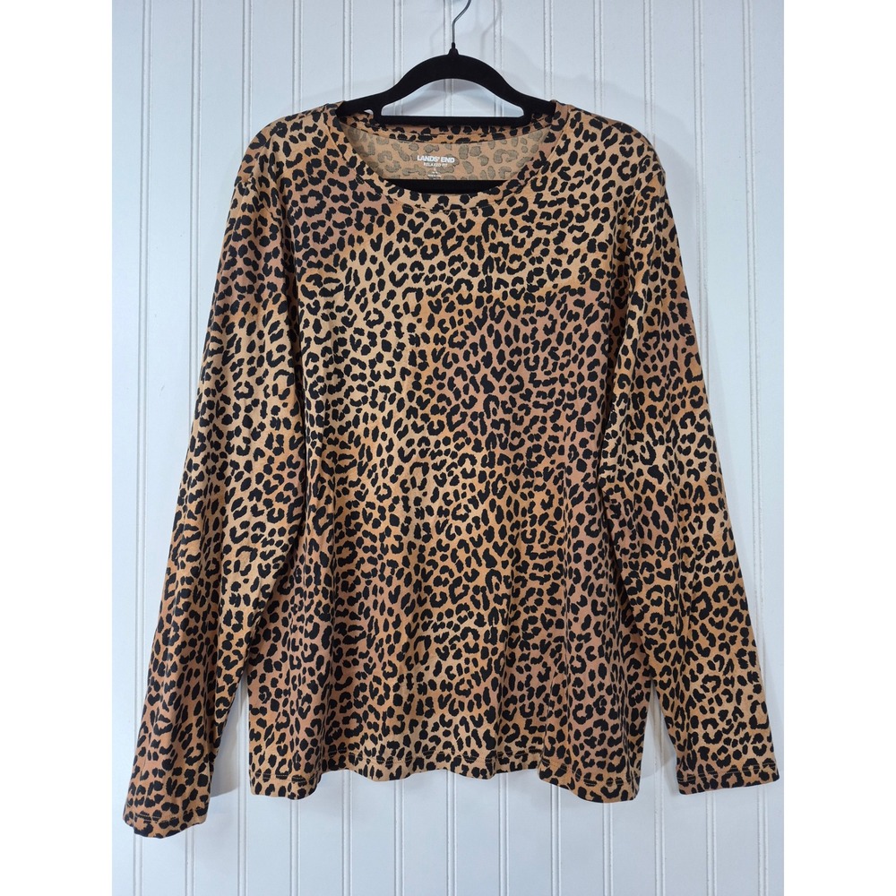 Lands End Womens Leopard Print Long Sleeve 100% Supima Cotton Tee L 14-16